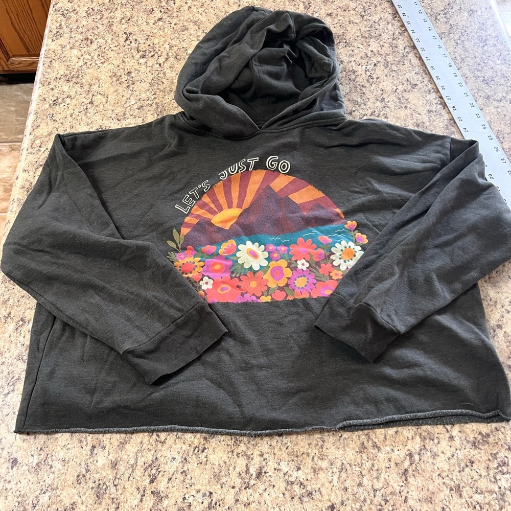 NATURAL LIFE Hoodie crop sweatshirt Floral Sunset mountain hiking Graphic XL